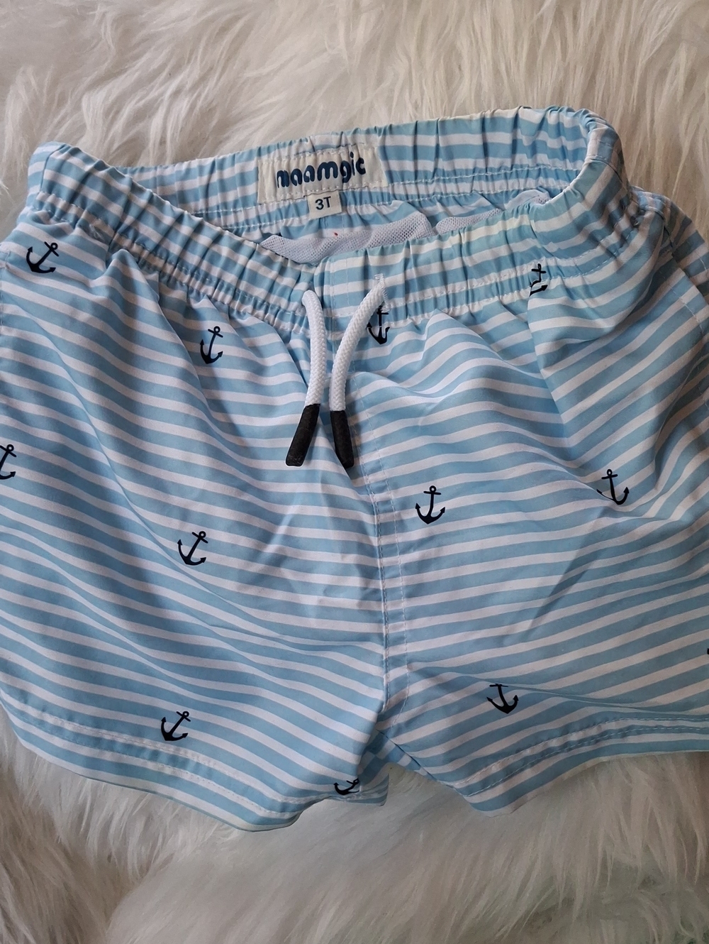 namagic Light Blue Anchor Stripe Kids Swim Shorts